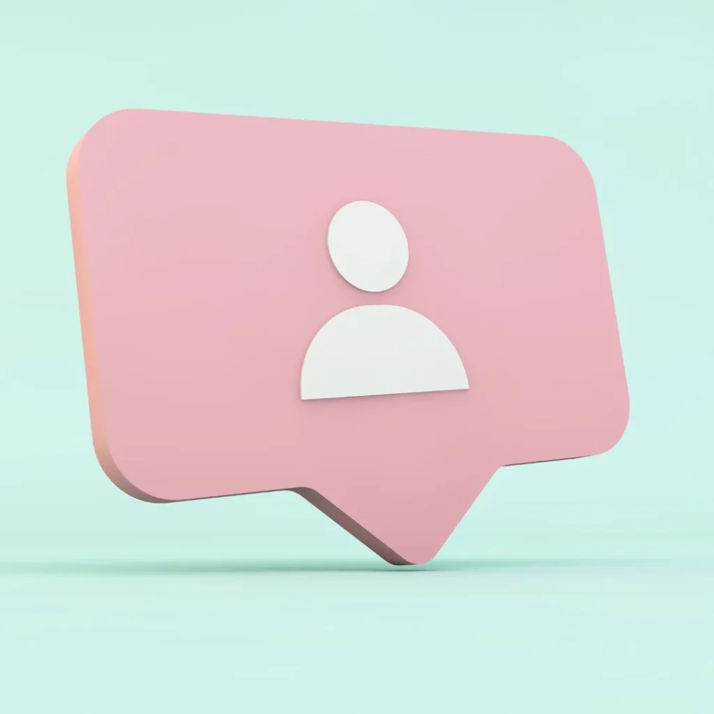 Bocadillo rosa en 3D con icono de seguidor sobre fondo verde menta