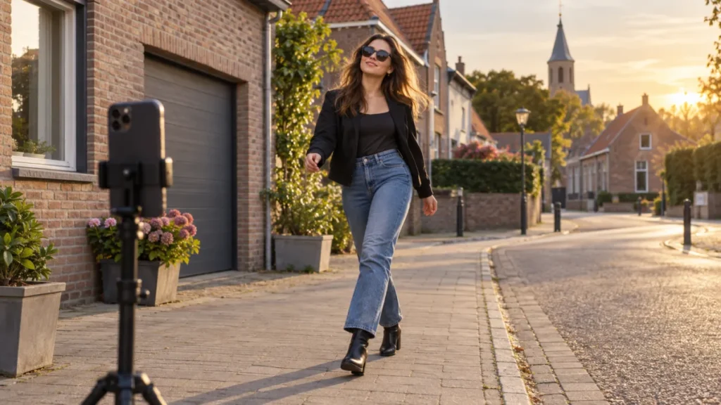 Una mujer con gafas de sol desfila ante un móvil en una calle de pueblo.