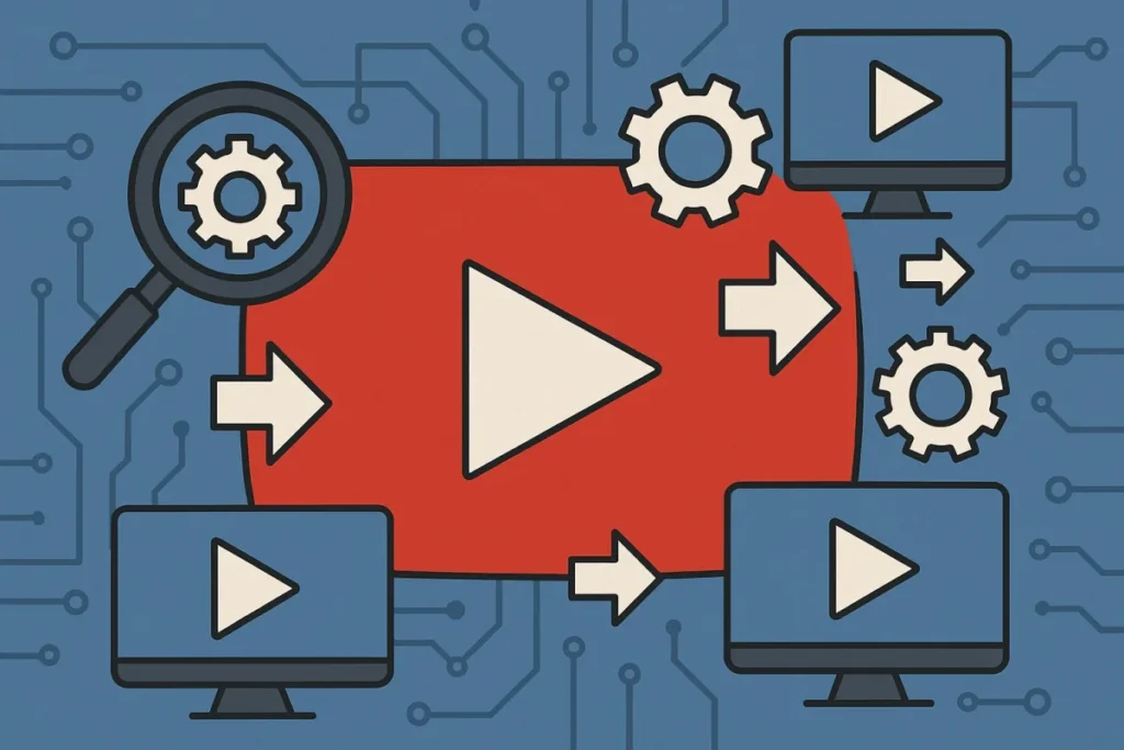 Illustration of the YouTube algorithm with a play button, screens and gears