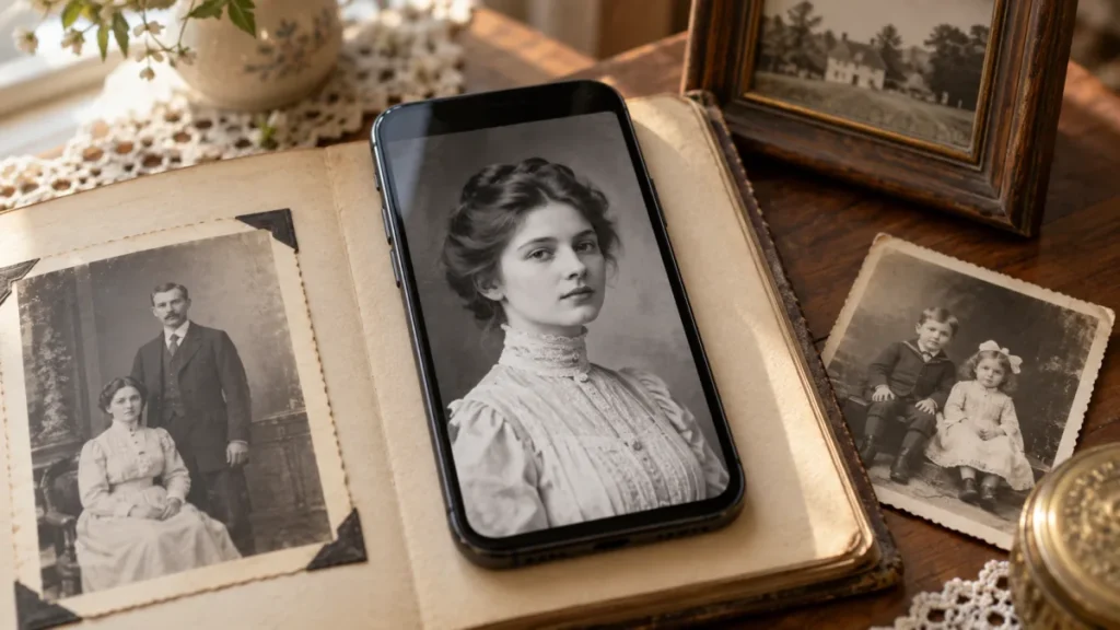 Een smartphone op een oud fotoalbum toont een zwart-witportret van een vrouw in historische kleding.