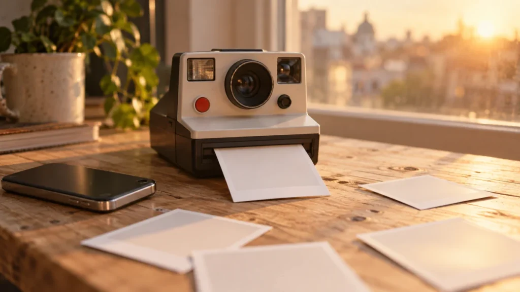 Un appareil photo instantané vintage laisse sortir un tirage carré sur une table en bois près d'un smartphone retourné