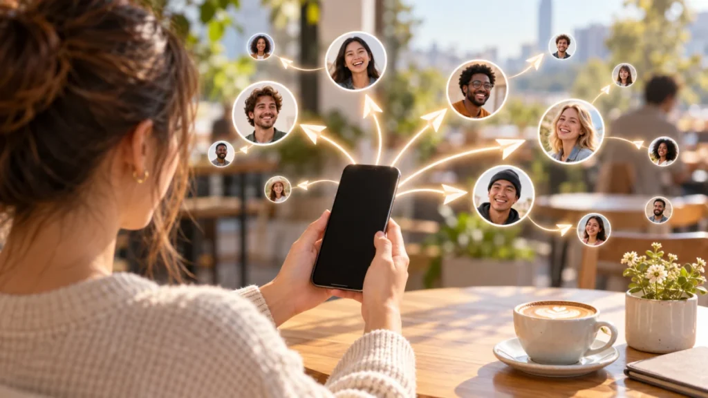 Jeune femme tenant un smartphone d'où partent des avions en papier lumineux vers des bulles de visages de nouvelles personnes