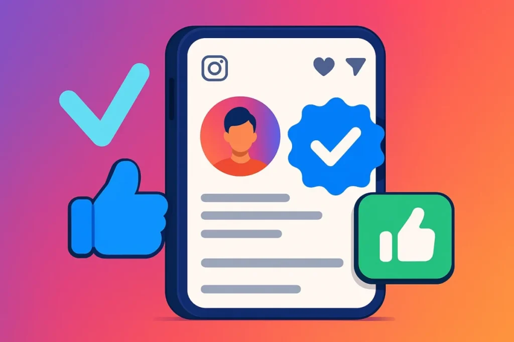 Ilustración de un perfil de Instagram con insignia de verificación y pulgares arriba