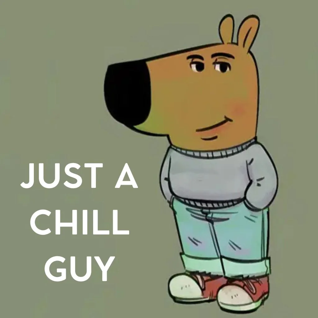 Dibujo de Chill Guy, el perro con jersey y las manos en los bolsillos