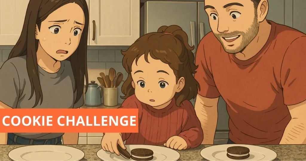 Illustratie van een meisje dat tussen haar ouders naar een doormidden gesneden koekje kijkt