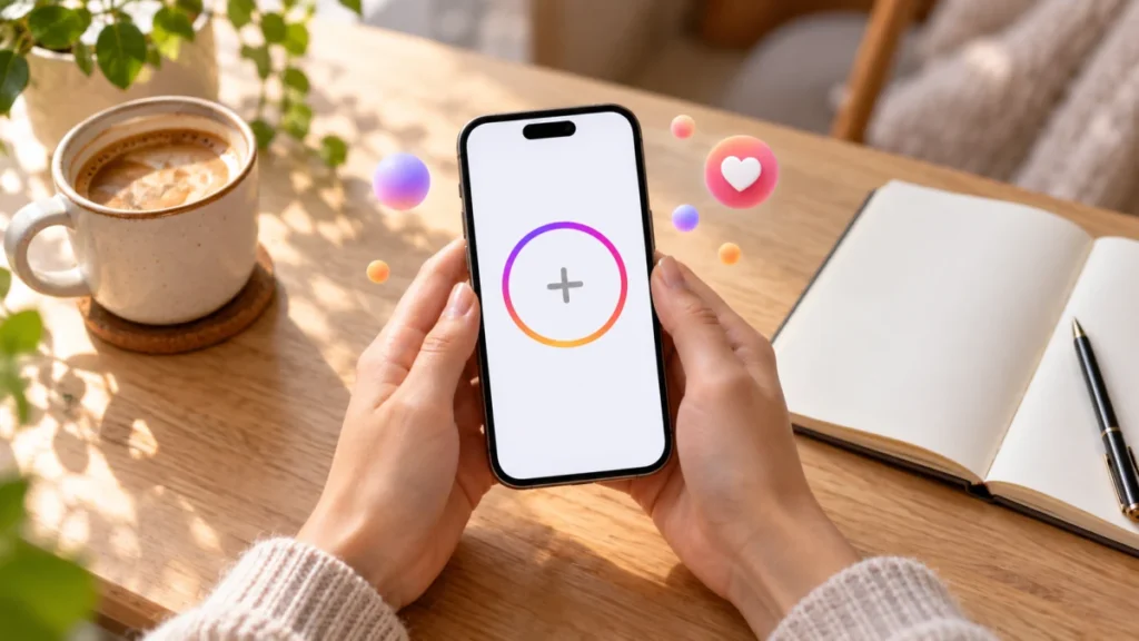 Mains tenant un smartphone dont l'écran affiche un cercle de photo de profil vide, sur une table avec un café