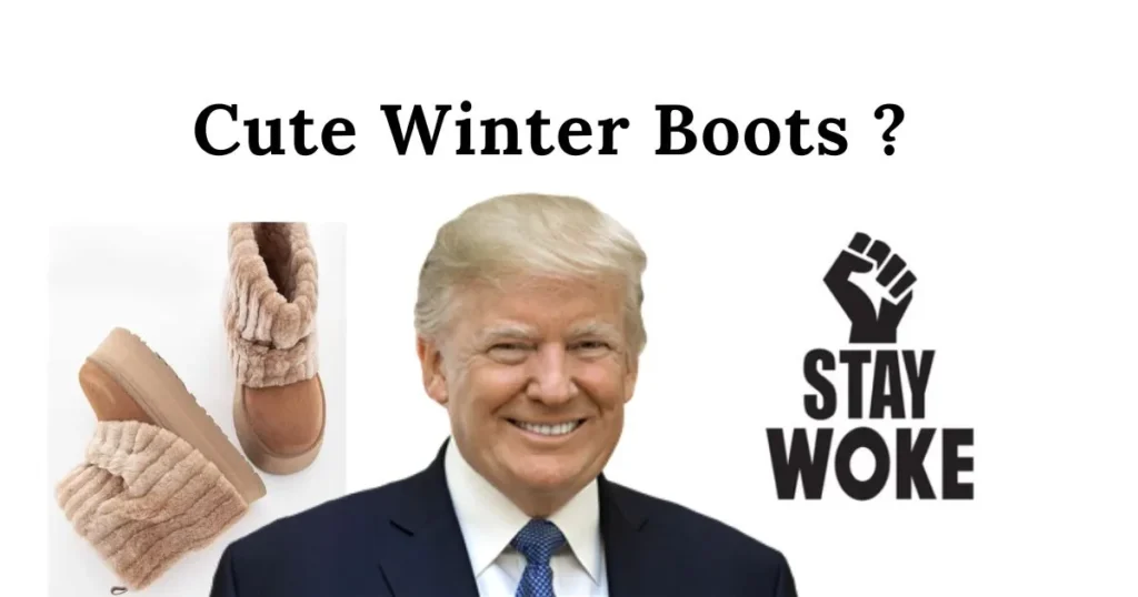 Collage of knitted winter boots, Donald Trump and a raised “Stay woke” fist