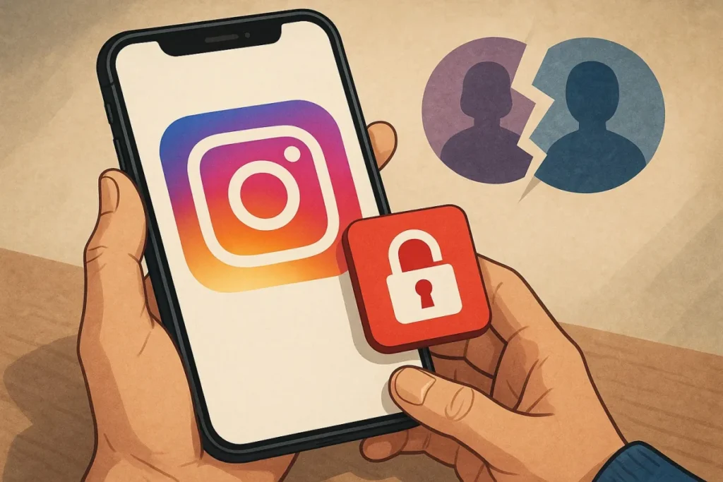 Ilustración de un móvil con Instagram y un candado abierto