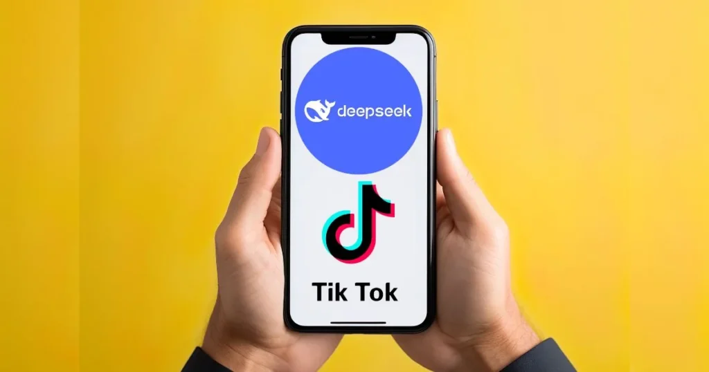 Handen met een smartphone met de logo's van DeepSeek en TikTok