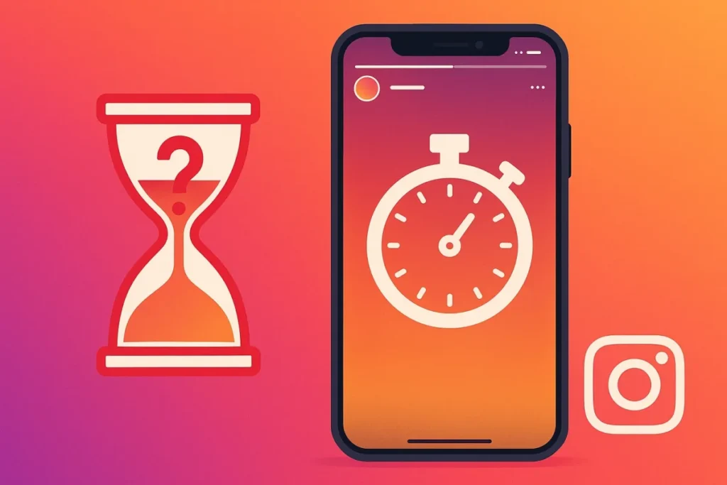 Reloj de arena y un móvil con un cronómetro sobre fondo con los colores de Instagram