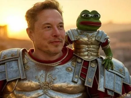 Elon Musk in armatura romana accanto a Pepe the Frog, alias Kekius Maximus