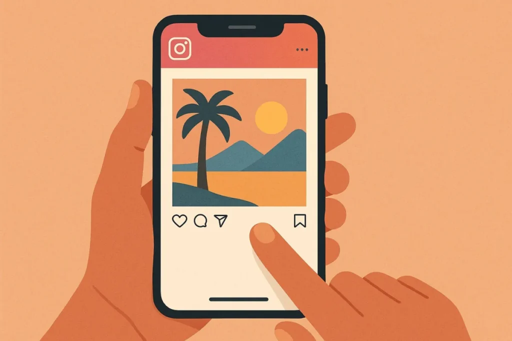 Ilustración de una mano guardando una foto de una palmera en Instagram