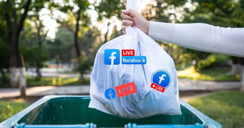 Trash bag full of Facebook Live logos thrown into a dumpster