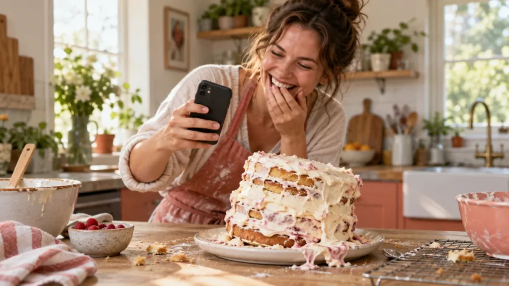 Una mujer se ríe mientras fotografía con su móvil un pastel torcido en su cocina.
