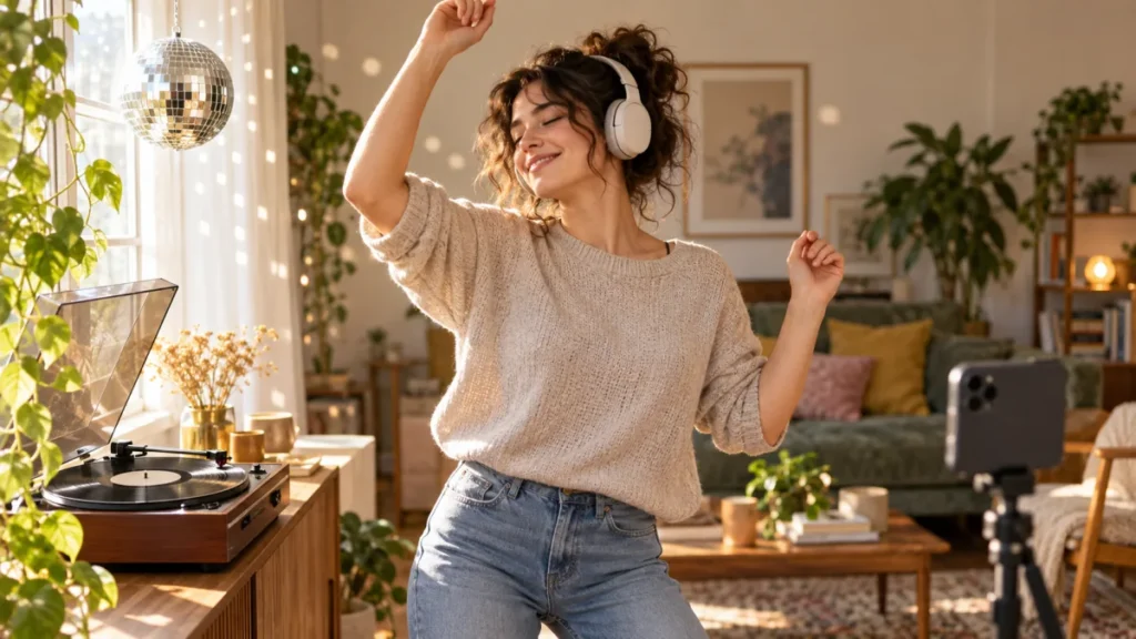 Una mujer con auriculares baila junto a un tocadiscos y una bola disco, delante de un móvil sobre un trípode.