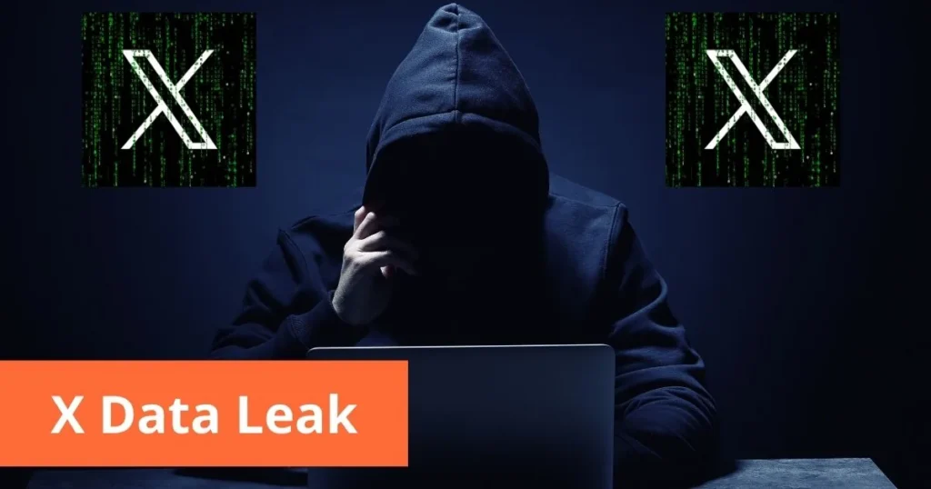 Hacker incappucciato al computer tra due loghi di X
