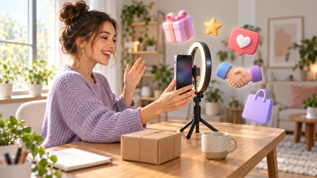 Creator che si riprende con lo smartphone nel suo studio, circondata da icone di regalo, stella, badge e stretta di mano