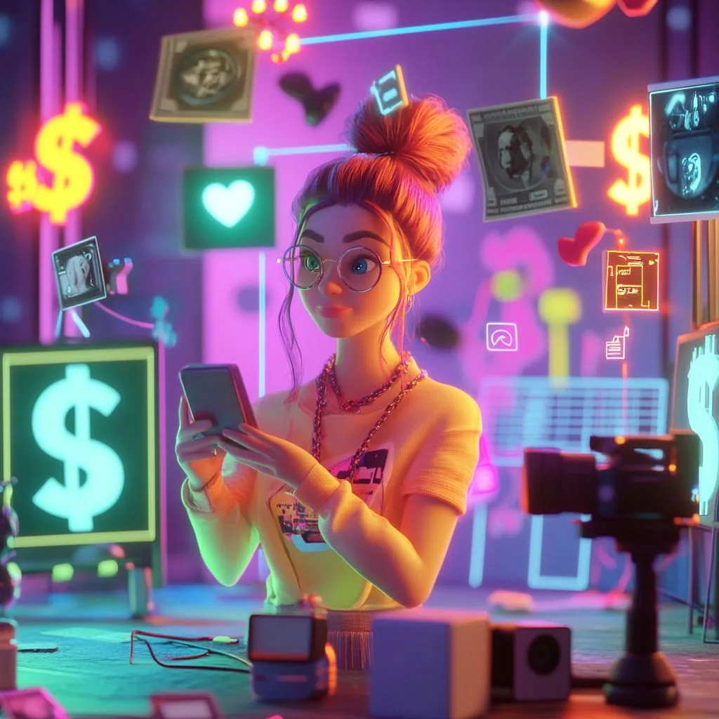 3D-illustratie van een contentcreator omringd door dollartekens