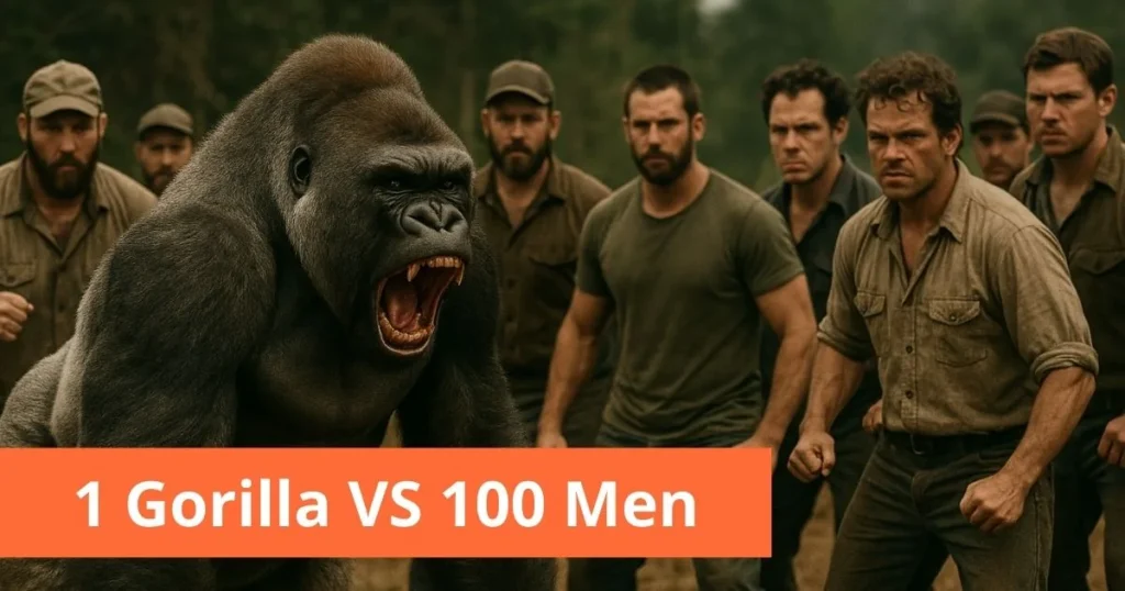 Gorilla che ruggisce davanti a un gruppo di uomini nella giungla