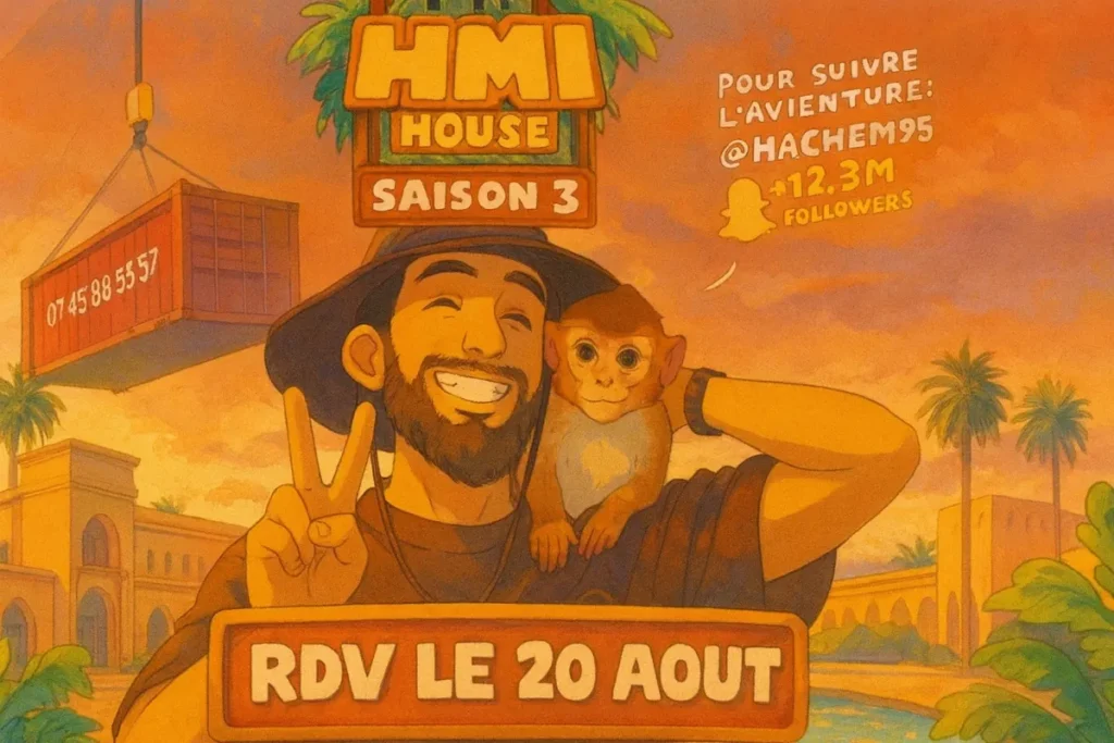 Geïllustreerde poster van HMI House seizoen 3 met Hachemi en een aapje in Marrakech