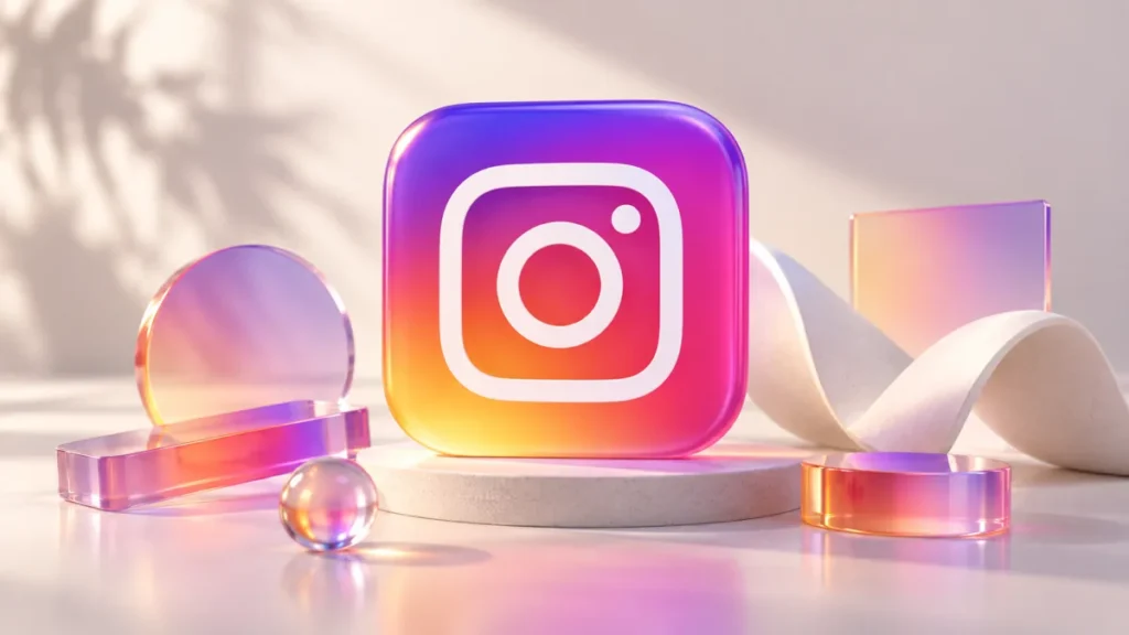 Composición 3D del icono de cámara de Instagram sobre un cuadrado degradado, rodeado de formas translúcidas de colores.