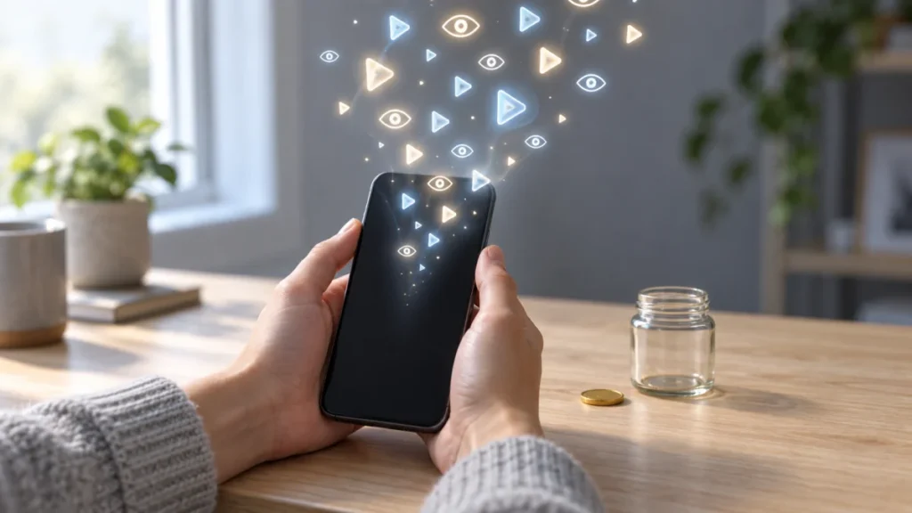 Mains tenant un smartphone d'où s'élèvent des symboles de lecture, à côté d'une seule pièce et d'un bocal presque vide