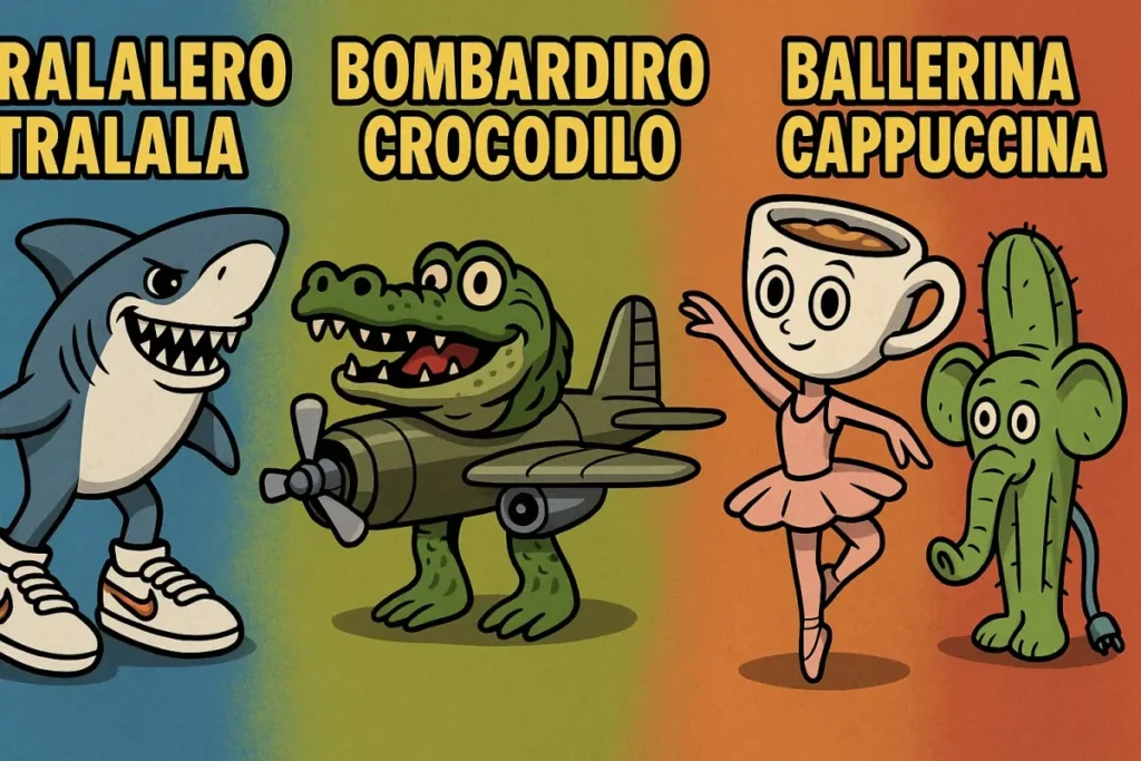 Personajes del Italian brainrot: Tralalero Tralala, Bombardiro Crocodilo y Ballerina Cappuccina