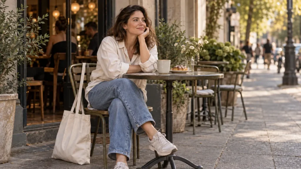 Een vrouw in een licht overhemd en jeans drinkt alleen koffie op een terras, met een stoffen tas naast haar stoel.