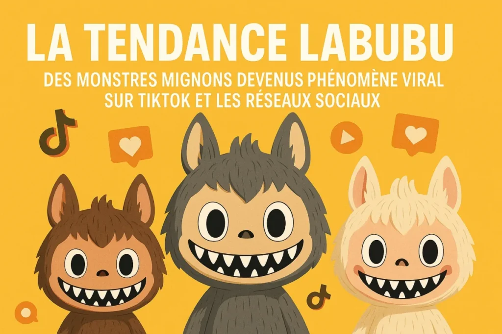 Illustratie van drie Labubu-knuffelmonsters met puntige tanden
