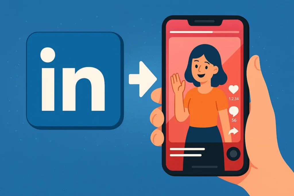 Illustration des LinkedIn-Logos mit Pfeil zu einem Hochkantvideo auf dem Handy