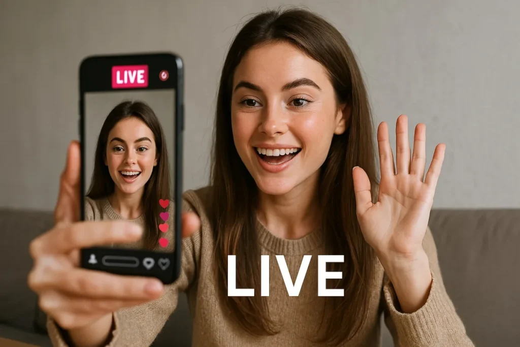 Joven saludando con la mano en directo desde su móvil