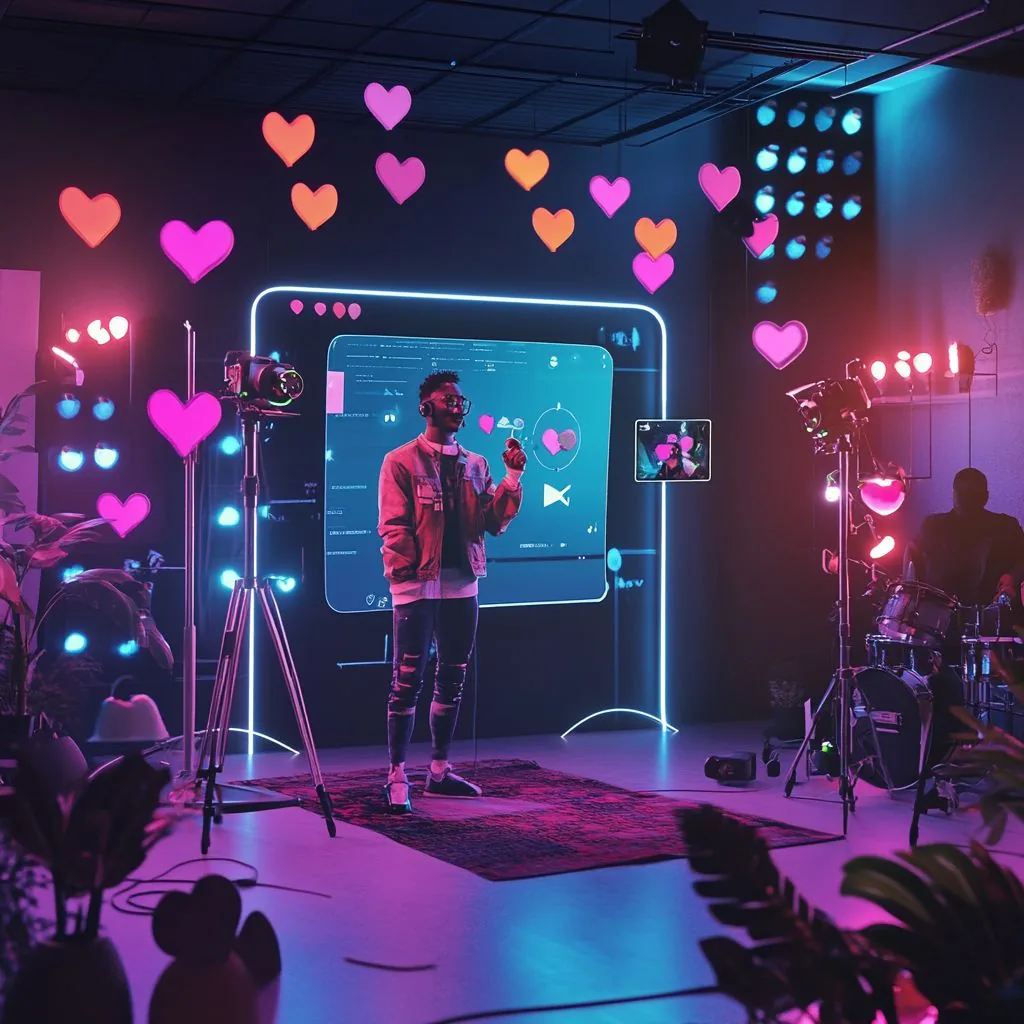 Creator die live streamt in een neonstudio vol zwevende hartjes