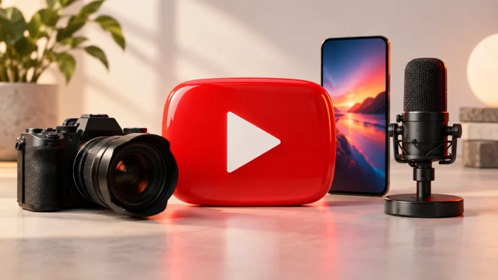 Red play symbol surrounded by a camera, smartphone and microphone.