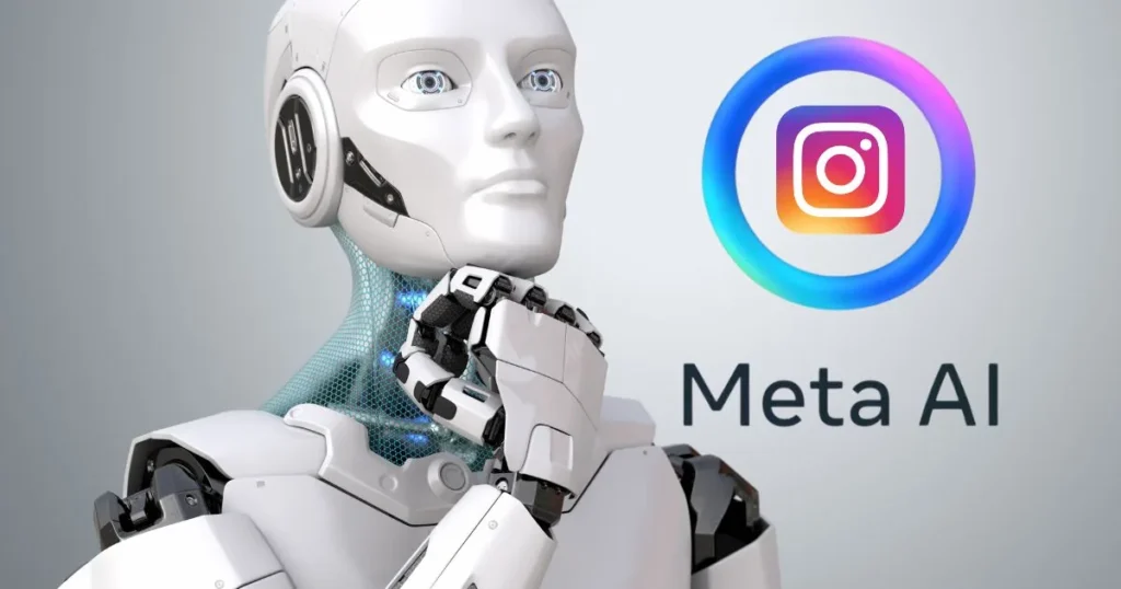Peinzende humanoïde robot naast het Instagram-logo en de tekst Meta AI