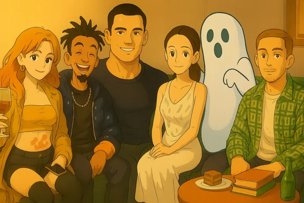 Illustrazione di sei amici su un divano, tra cui un fantasma, in un salotto accogliente