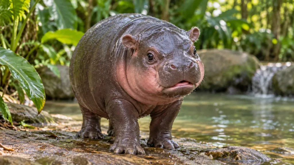 Illustrazione realistica di un giovane ippopotamo pigmeo con pelle bagnata e guance rosa vicino all’acqua.