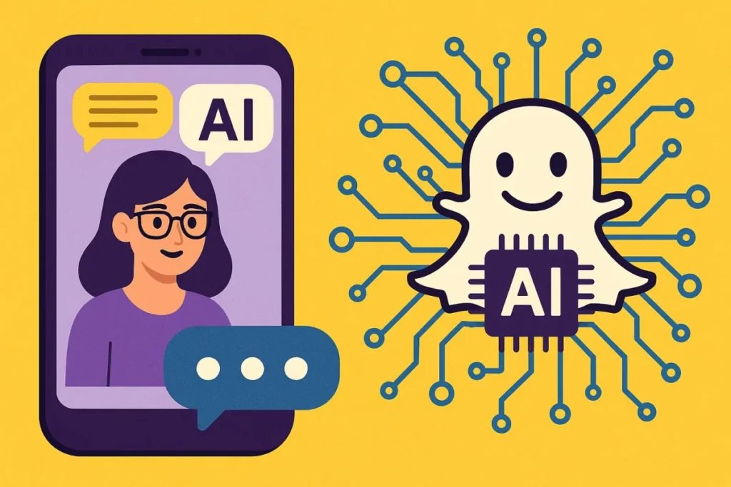 Illustration of the Snapchat ghost as an AI circuit next to a chat