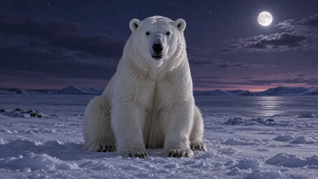 Orso polare seduto nella neve sotto un cielo notturno viola.