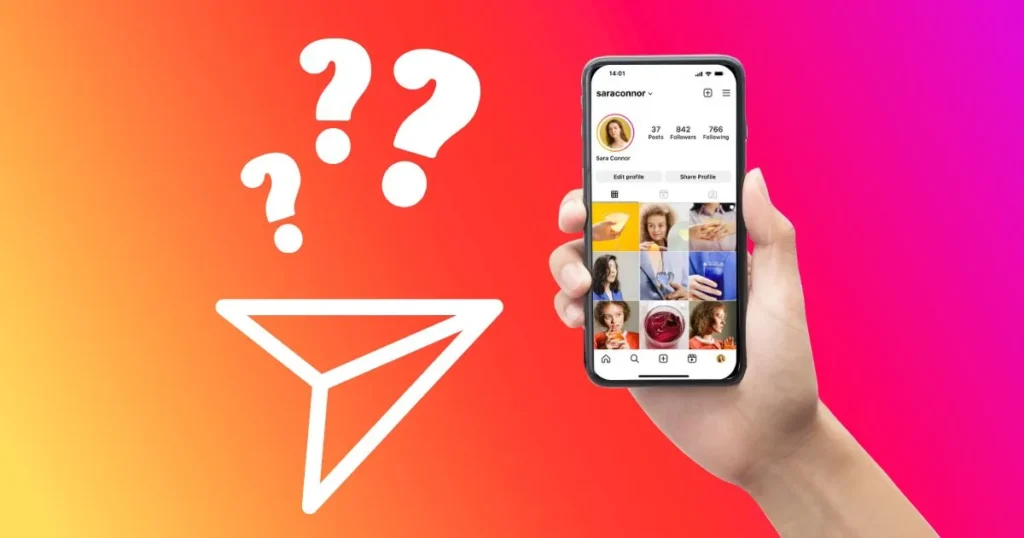 Hand met een smartphone met een Instagram-profiel, een verzendicoon en vraagtekens