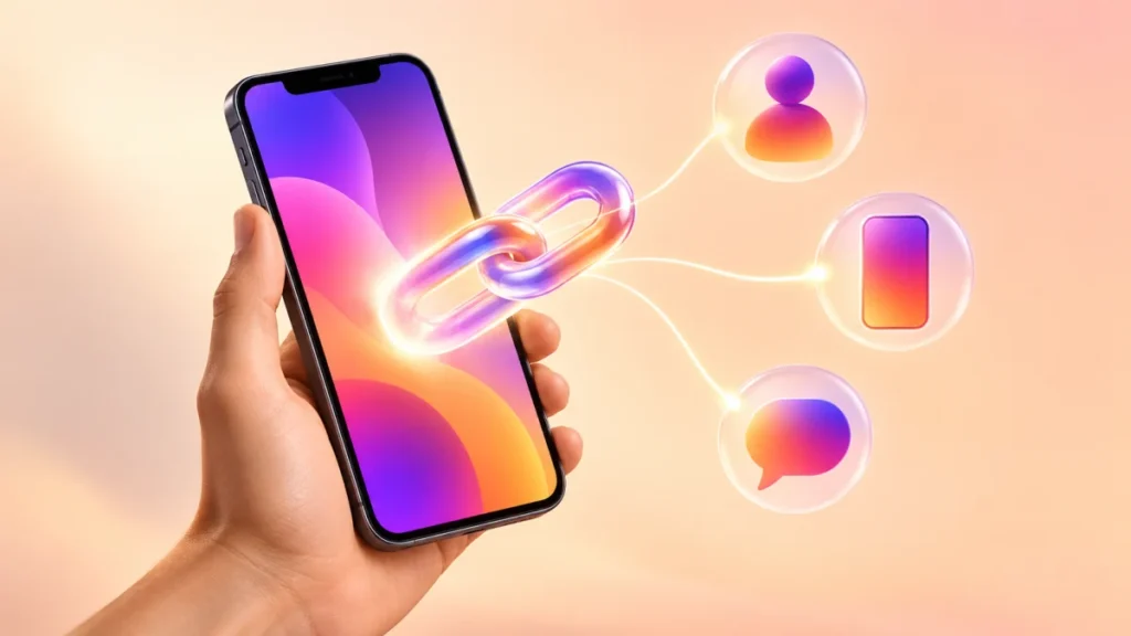 Mano che tiene uno smartphone da cui esce un anello di catena luminoso collegato a bolle di profilo, storia e messaggio