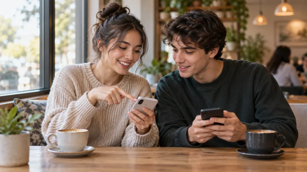 Twee vrienden zitten in een café; zij laat haar smartphone zien en hij buigt nieuwsgierig mee.