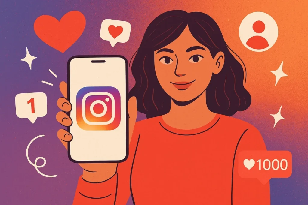 Ilustración de una mujer con un móvil con Instagram rodeada de me gusta