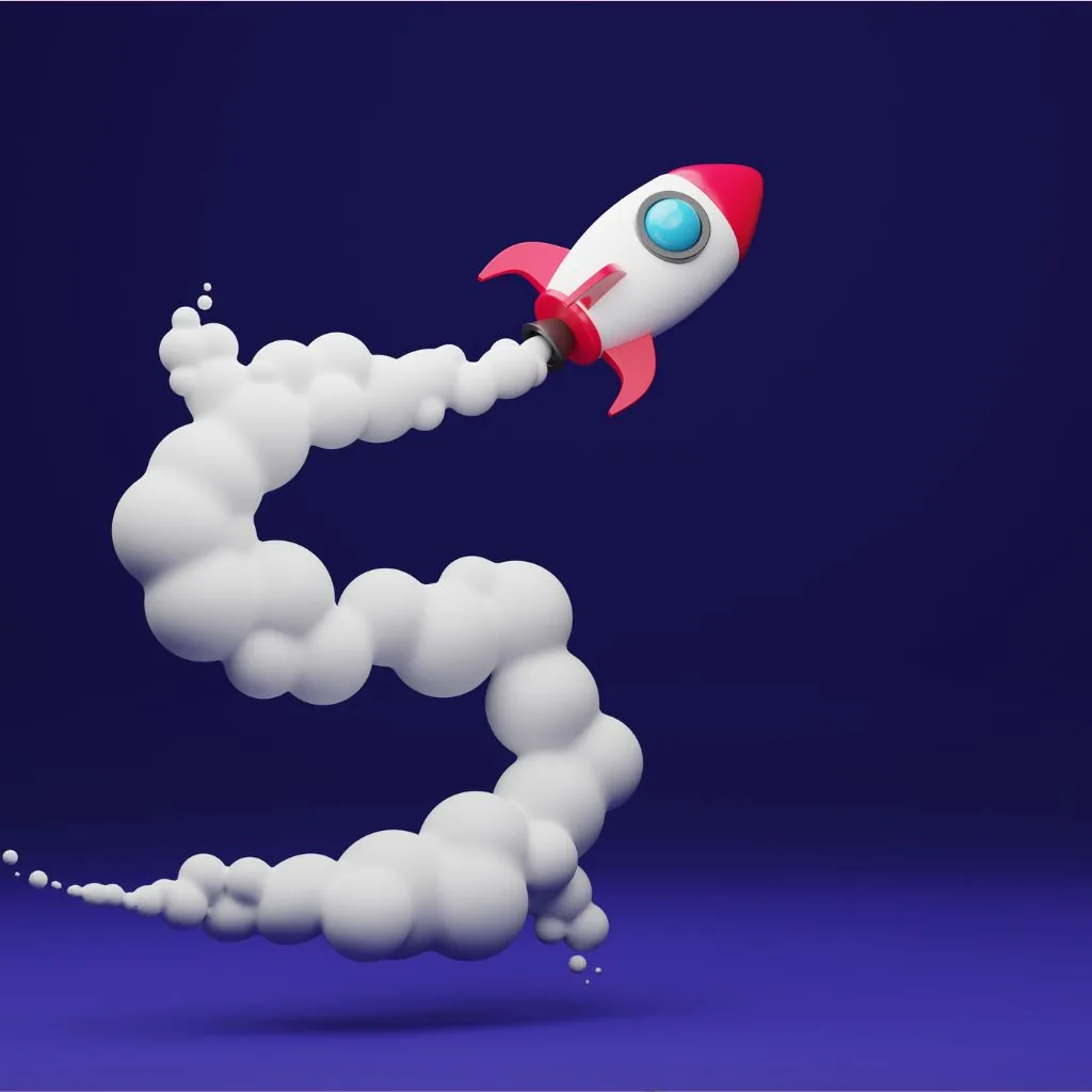 3D-raket die opstijgt en een rookspoor achterlaat