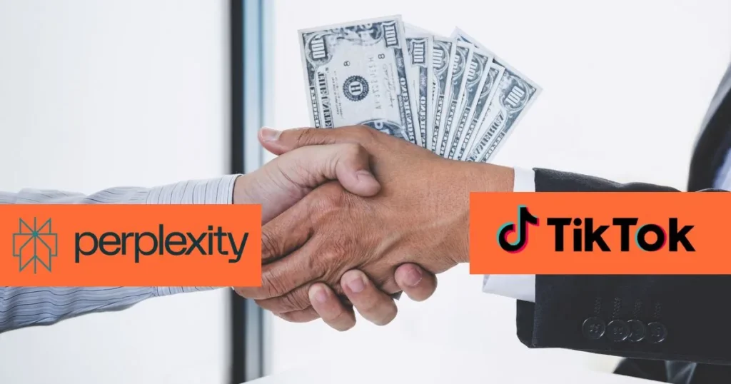 Handdruk en een stapel bankbiljetten tussen Perplexity en TikTok