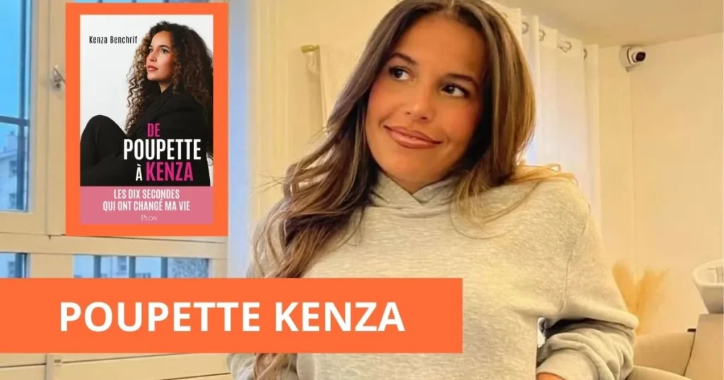 Poupette Kenza sorrindo ao lado da capa do seu livro