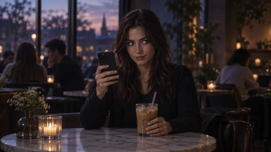 Donna con telefono e caffè freddo, con uno sguardo divertito e sospettoso.