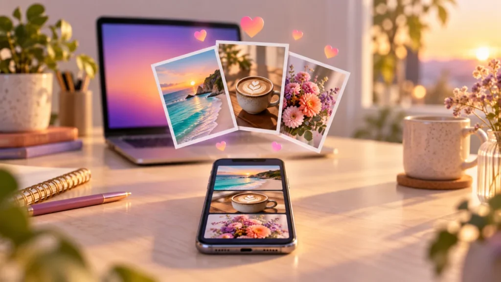 Smartphone op een bureau waarboven drie afgedrukte foto's uitwaaieren, voor een opengeklapte laptop
