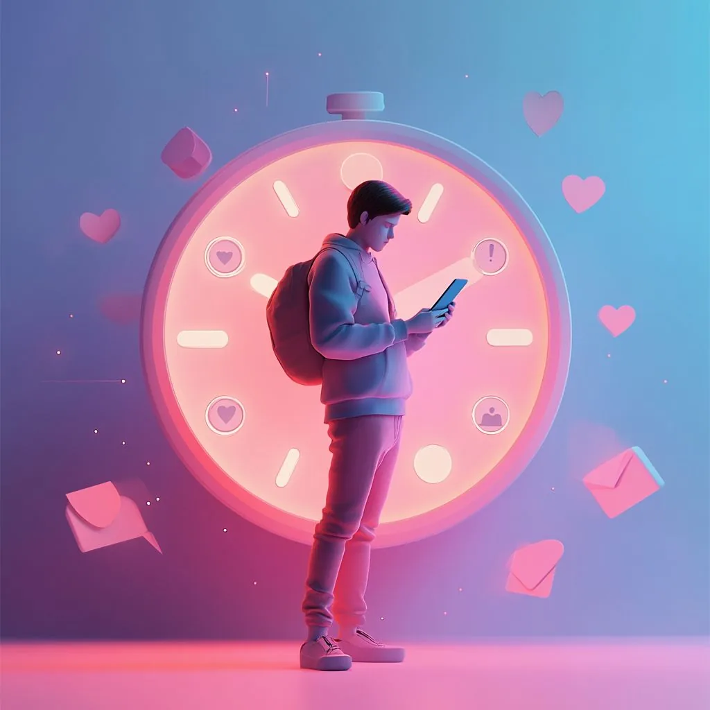 Illustratie van een jonge man met zijn smartphone voor een grote roze klok