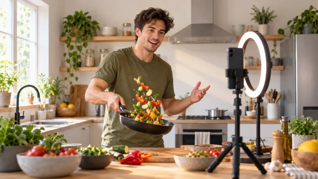 Een jonge man filmt zichzelf tijdens het koken met een smartphone rechtop op een statief, naast een ringlamp.