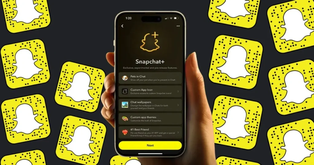 Smartphone showing Snapchat+ surrounded by Snapchat logos